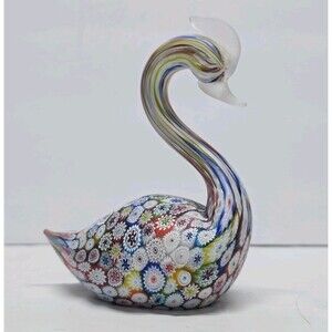 Murano Millefiori Art Glass Swan Sculpture Figurine Paperweight Satin Finish 5"